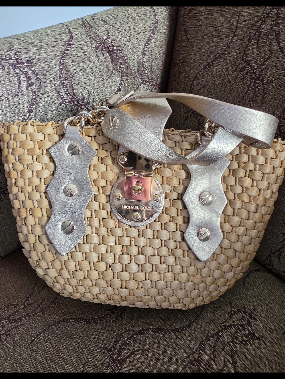 Michael Kors Tan Woven Straw Santorini Tote with Gold Hardware - Picture 7 of 10